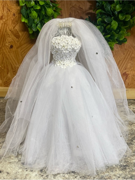 His & Hers Other - His & Hers White Wedding Gown & Veil on Wire Centerpiece Display Figure